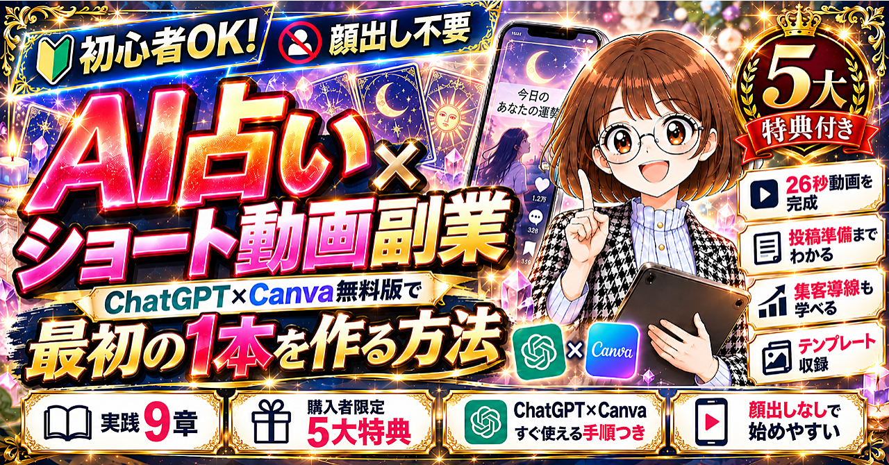【初心者向け】AI占い×ショート動画副業｜ChatGPT×Canva無料版で最初の1本を作る方法【顔出し不要・5大特典付き】